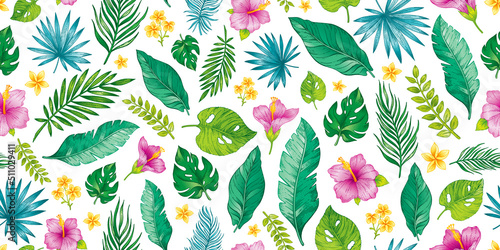 Hibiscus pattern. Seamless floral vector. Flower palm leaf background print. Hawaii jungle summer exotic wallpaper. Hawaiian plant design. Beach tropic vintage illustration. Hibiscus floral pattern