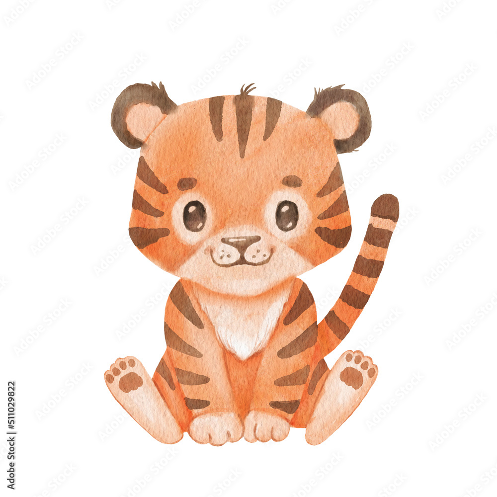 Cute portraits tiger in cartoon style. Drawing african baby wild cat