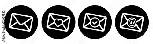 Envelope round buttons. Heart, mail, newsletter and check icon. Vector illustration.