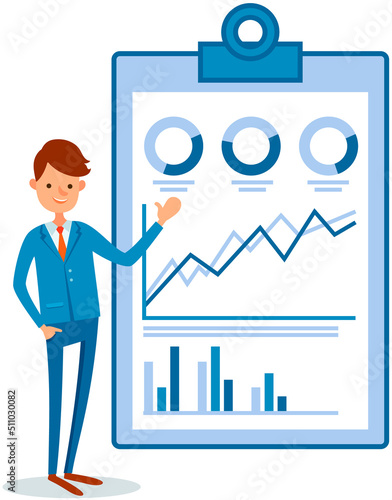 Analytics information and development statistics. Web analysis measure, product testing technology. Man analyses dashboard seo optimization, digital report. Statistical indicators and data on diagram