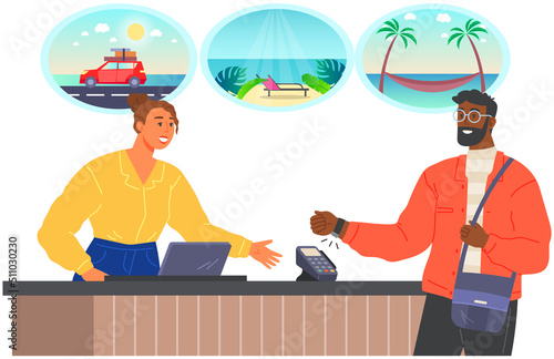 Cahier thinking about holidays, summer vacation. Dreamer woman working at checkout with pos terminal with thought of trip to resort. Thoughtful girl dreaming about future travel to ocean during work