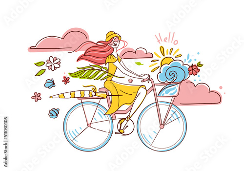 Beautiful girl rides a bike to the beach. Summer illustration. Vector.