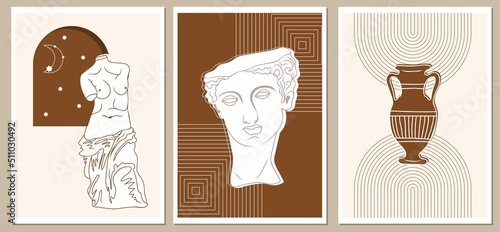 Set of abstract vertical posters with greek antique statues, abstract shapes and space elements. Illustration for social media, posters, design template, invitation etc. Vector.
