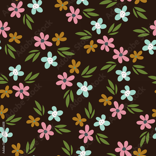 Seamless pattern with flowers. Pattern in the style of the 70s. Cute flowers in a flat style. © Prozo