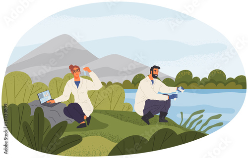 Man exploring nature, analyzing river water. Researcher takes samples of biomaterial. Environmental and ecology research. Scientist conducts ecological experiment. Explorers work with water in lake