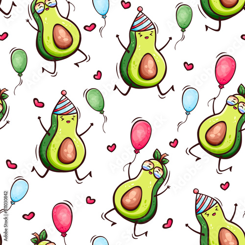 Hand drawn seamless pattern with cute kawaii avocado and balloons in doodle style. Happy Birthday seamless pattern with avocado.