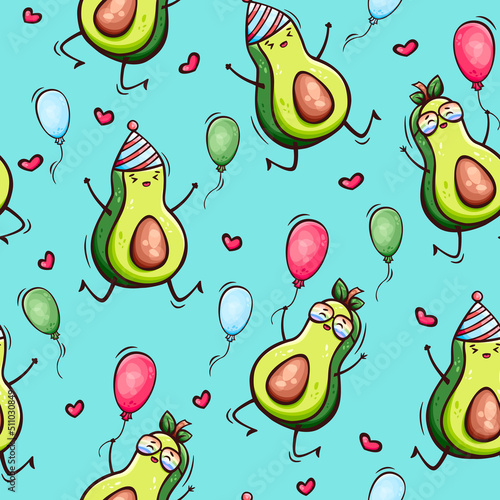 Hand drawn seamless pattern with cute kawaii avocado and balloons in doodle style. Happy Birthday seamless pattern with avocado.