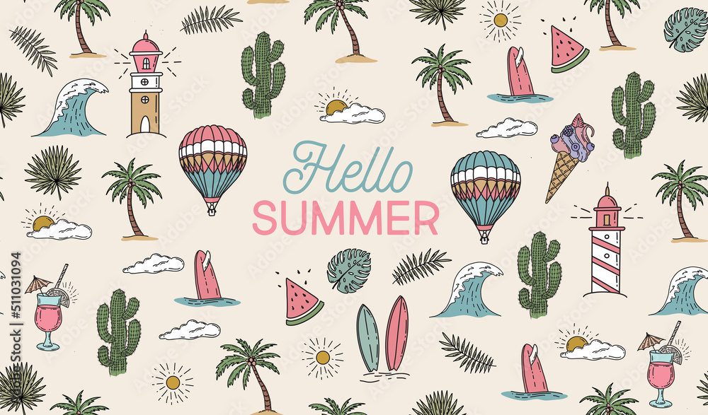 Hello Summer, hand drawn illustration. Hello Summer, hand drawn illustration.