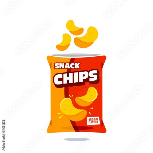 snack chips bag plastic packaging design illustration icon for food and beverage business, potato snack branding element logo vector. 