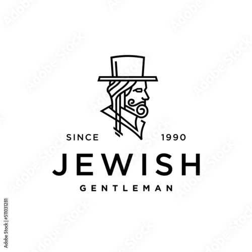 bearded Jew with a hat. jewish man logo design. jewish gentleman line illustration portrait vector. classic vintage hipster line illustration style. 