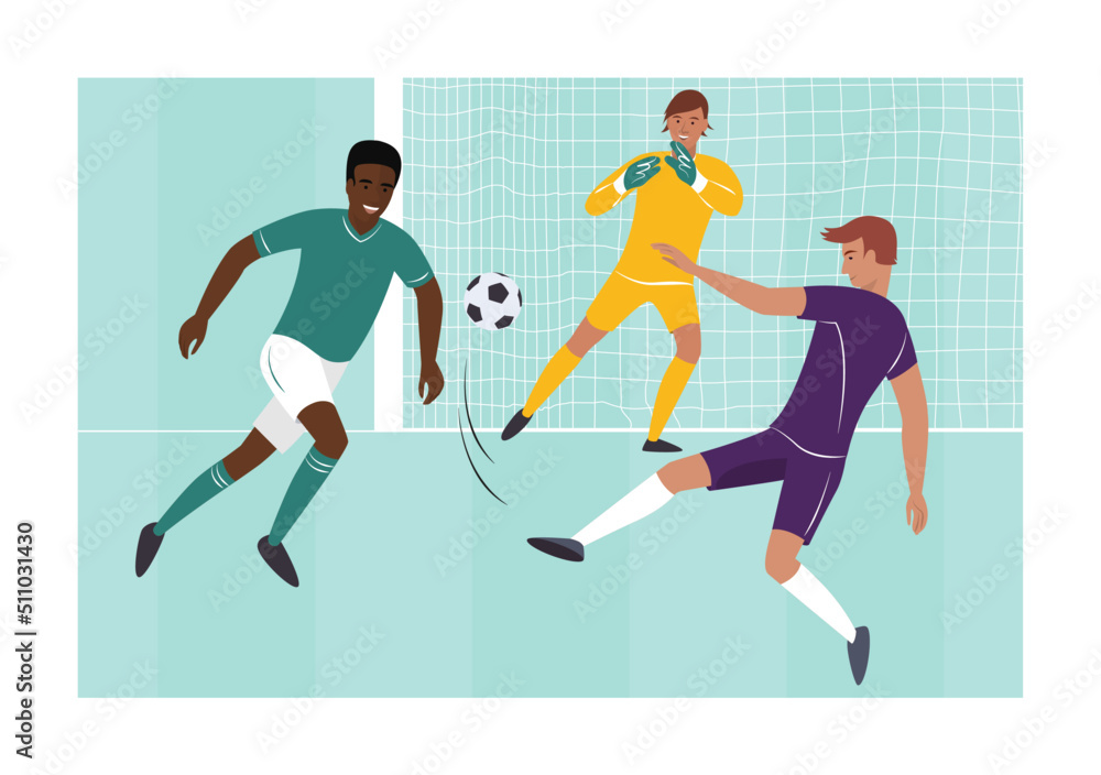 Fototapeta premium The football player kicks the ball into the opponent's goal, and the goalkeeper catches the ball, the defender is nearby. Three soccer players on the field. Card.