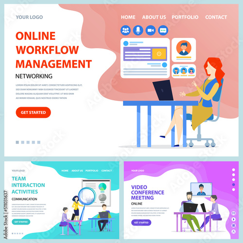 Online workflow management, customers attraction concept. People communicate by video conference meeting concept. Team interaction activity. Website or webpage template, landing page flat style