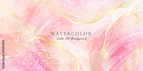 Rose pink liquid watercolor background with lines and stains. Abstract crimson marble alcohol ink drawing effect. Vector illustration design template for wedding invitation, banner, wall print