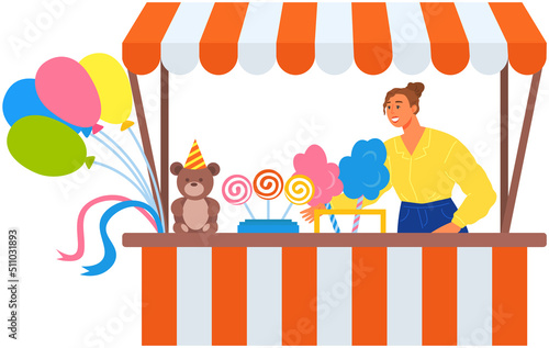 Lady seller near sweet food stand, takeaway candies and toys. Woman works in sale of souvenirs and sweets. Outdoor fair kiosk with snacks. Sale of holiday goods, desserts and toys vector illusration