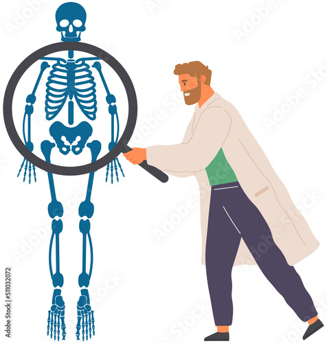 Doctor analyzes results of medical checkup. Male scientist looking at x-ray of human body. Treatment, health care, diagnosis. Specialist diagnoses patient by roentgen. Orthopedist examining skeleton