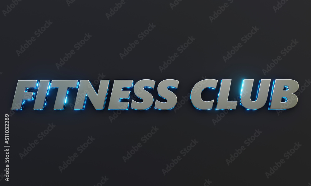 Word "Fitness Club" is written on dark background with cinematic and neon effect. 3D Rendering - obrazy, fototapety, plakaty 
