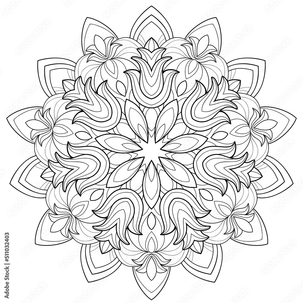 Decorative mandala with floral patterns on a white isolated background. For coloring book pages. Decorative mandala with floral patterns on a white isolated background. For coloring book pages.
