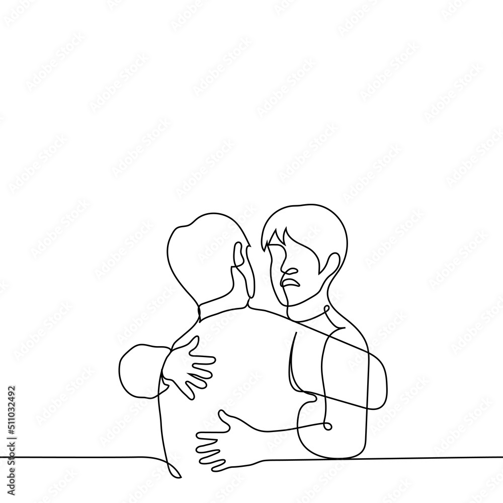 man hugs another in disgust - one line drawing vector. concept hide true face, hate relative, hypocrite, deceiver