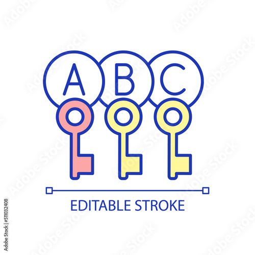 Keywords RGB color icon. Search engine optimization. SEO strategy. Find information on internet. Isolated vector illustration. Simple filled line drawing. Editable stroke. Arial font used