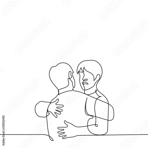 man hugs another in disgust - one line drawing vector. concept hide true face, hate relative, hypocrite, deceiver photo