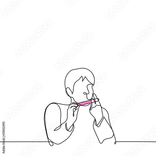 man filing his nails with a pink file - vector drawing in one line. concept hygiene, men's grooming, men's pedicure, men's beauty