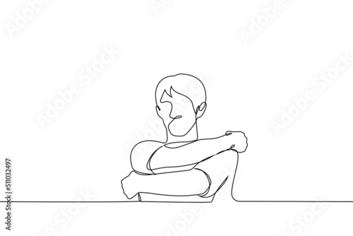 man hugging himself - one line drawing vector. concept self help, self rescue, self reflection, help yourself