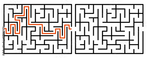 Abstract maze. Find right way. Isolated simple square maze black line on white background. Vector illustration.