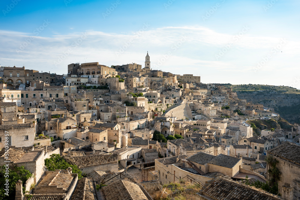 Stunning view of the Matera’s skyline during a beautiful sunny day. Matera is a city on a rocky outcrop in the region of Basilicata, in southern Italy.