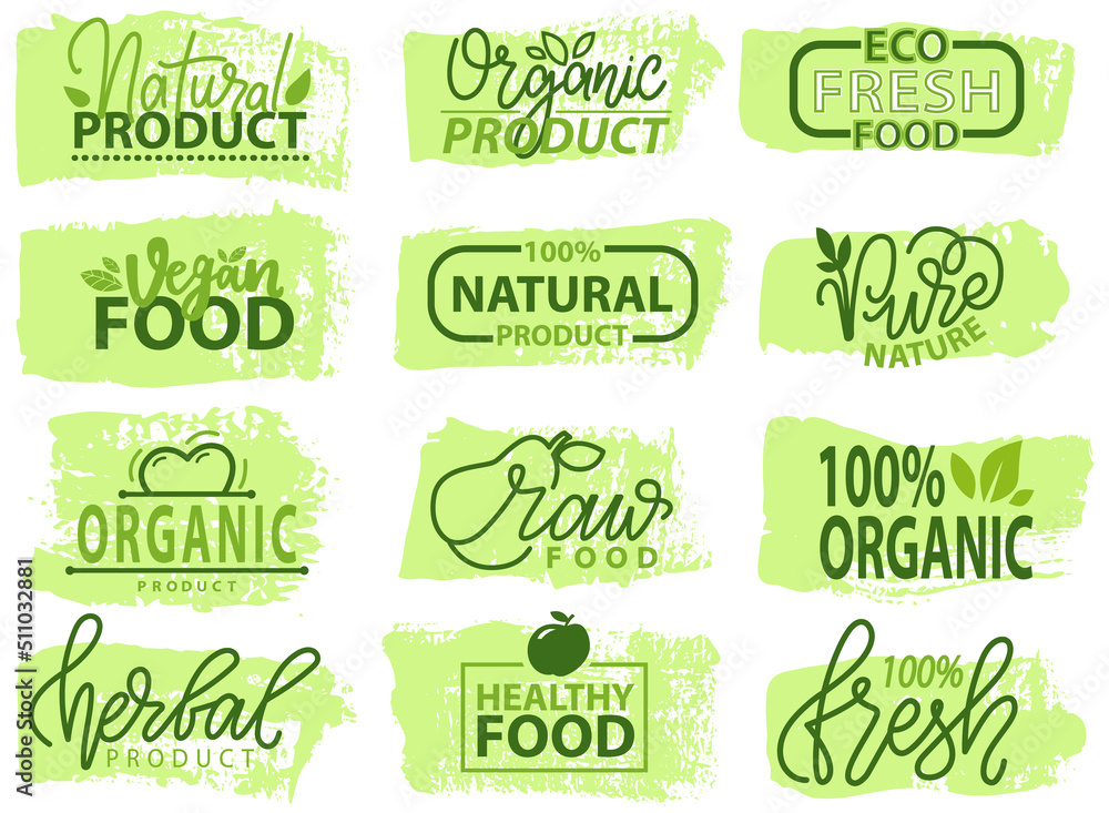 Set of icons, package labels. Natural herbal origination ingredients products signs, round stamp clip art, Stickers, nature, eco-friendly, organic emblems vector illustration. Design for food logos
