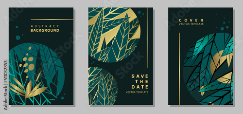 Set of templates with leaves on a dark green background. Group of vertical covers with space for text. Plant elements and leaves in gold and emerald colors. Vector illustration.