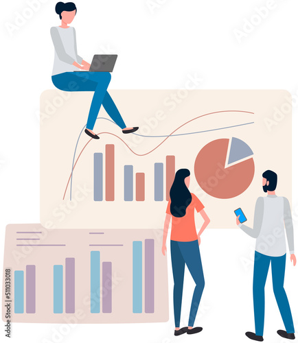 Manager makes presentation of statistical report analysis charts. Planning business. Teamwork consulting for project management, financial reporting and strategy. Data analysis research statistics