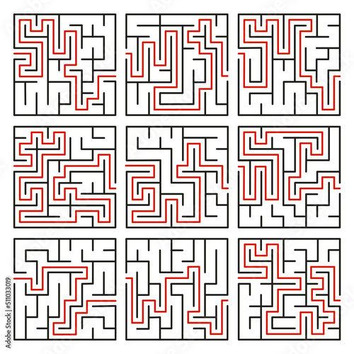 Abstract maze. Find right way. Isolated simple square maze black line on white background. Vector illustration.