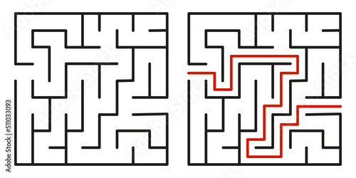 Abstract maze. Find right way. Isolated simple square maze black line on white background. Vector illustration.