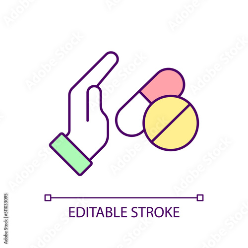 Medication refusal RGB color icon. Disposing medicines. Declining medical treatment. Negative attitude. Isolated vector illustration. Simple filled line drawing. Editable stroke. Arial font used