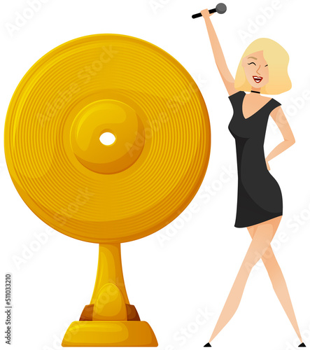 Young beautiful girl sings song into microphone standing next to award golden record, musicant laureate. Hobby or professional activity stage performance, singer sings songs to music, karaoke party