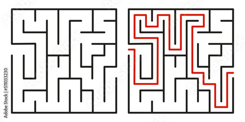 Abstract maze. Find right way. Isolated simple square maze black line on white background. Vector illustration.