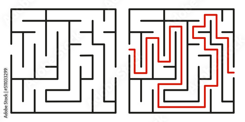 Abstract maze. Find right way. Isolated simple square maze black line on white background. Vector illustration.