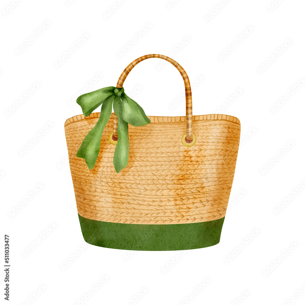 Watercolor beach bag illustration. Hand drawn straw tote bag with green  ribbon bow isolated on white background. Retro summer fashion design.  Women's summer vacation accessory Illustration Stock