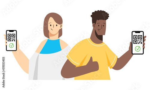 Vaccinated man and woman using digital health passports. Immunization certificate with qr code on device screen. Digital sanitary pass, vaccine passport. Travel permit.