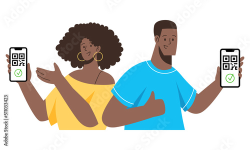 Vaccinated man and woman using digital health passports. Immunization certificate with qr code on device screen. Digital sanitary pass, vaccine passport. Travel permit.