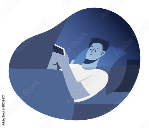Unhappy tired man lying in bed with smartphone. Character suffer from insomnia use cellphone device. Upset exhausted guy struggle on sleepless night brose smartphone. Vector illustration