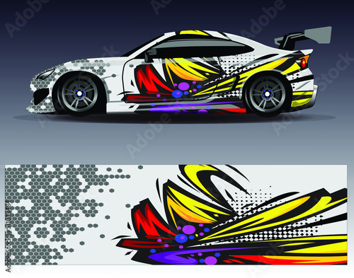 Car wrap design vector truck and cargo van decal. Graphic abstract stripe racing background designs for vehicle rally race adventure and car racing livery