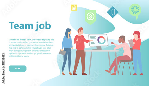 Team job concept with team people working together sitting at table with computer at office meeting. Colleagues confer on conference planning steps, corporate session, teamwork landing page template