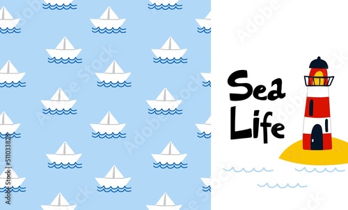 White paper ship seamless pattern and lighthouse. Cartoon hand drawn colorful sail childish collection, water transport on blue background. Kids decor textile wrapping paper wallpaper vector print