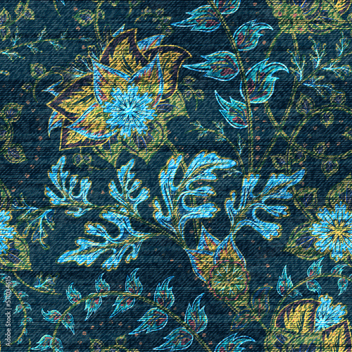 Blue denim with colorful floral print. Vector seamless wallpaper.