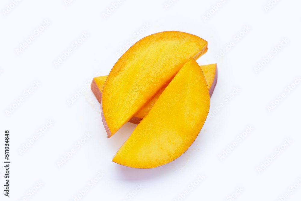 Mango fruit slices on white background. Mango fruit slices on white background.
