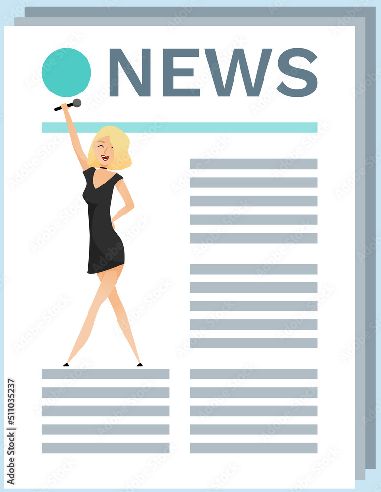Newspaper news flat image. Color icon paper page with happy woman holding microphone, advertising. Web site page and mobile app design. Musical journal, article in press about popular star singer Newspaper news flat image. Color icon paper page with happy woman holding microphone, advertising. Web site page and mobile app design. Musical journal, article in press about popular star singer