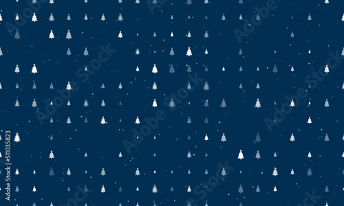 Seamless background pattern of evenly spaced white Christmas trees of different sizes and opacity. Vector illustration on dark blue background with stars