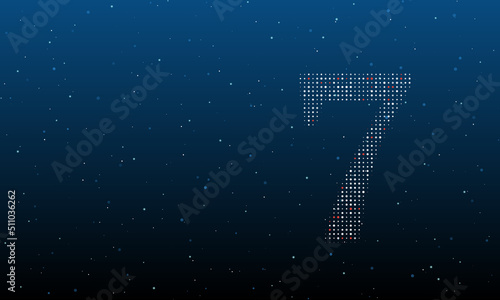 On the right is the number seven symbol filled with white dots. Background pattern from dots and circles of different shades. Vector illustration on blue background with stars