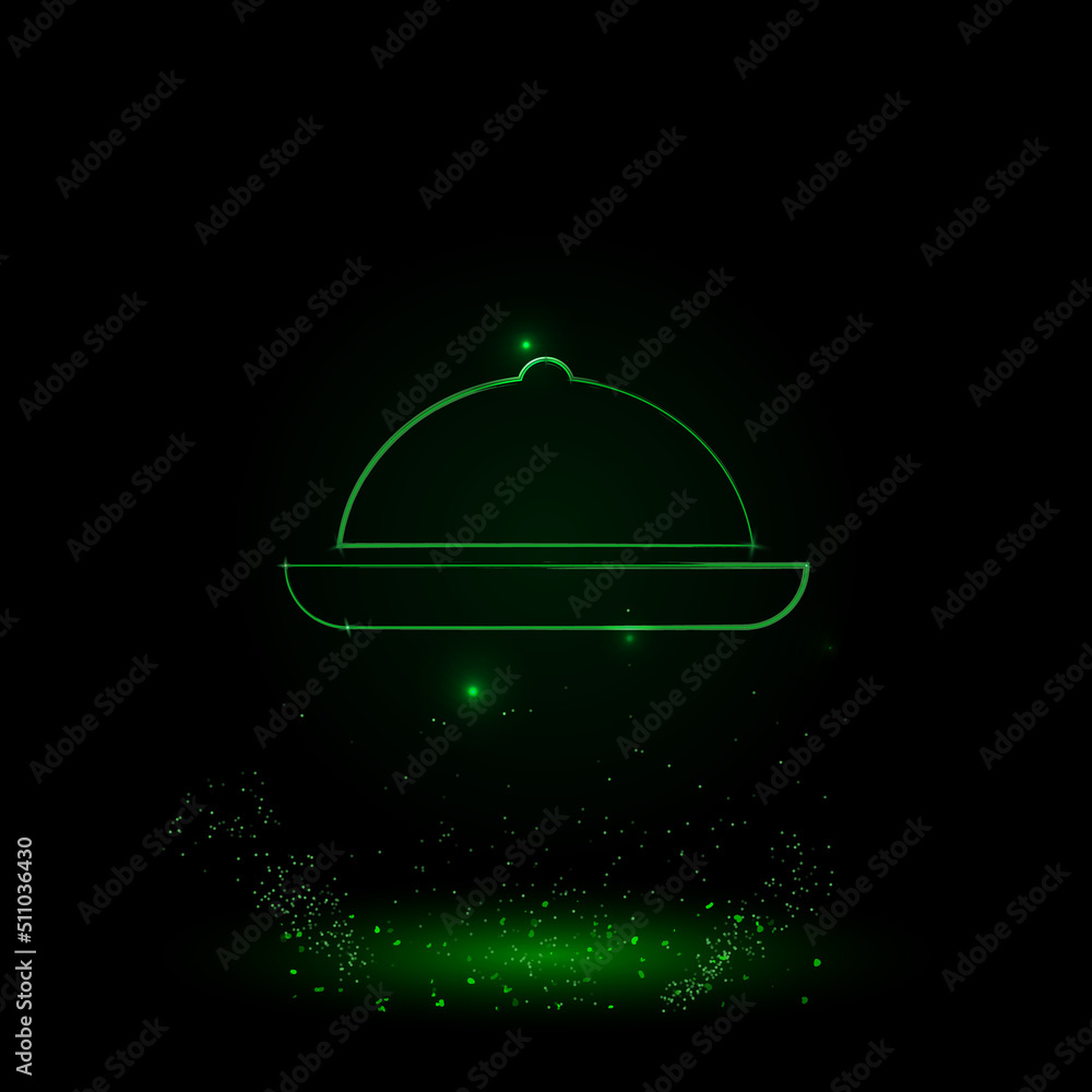A large green outline cloche symbol on the center. Green Neon style. Neon color with shiny stars. Vector illustration on black background A large green outline cloche symbol on the center. Green Neon style. Neon color with shiny stars. Vector illustration on black background